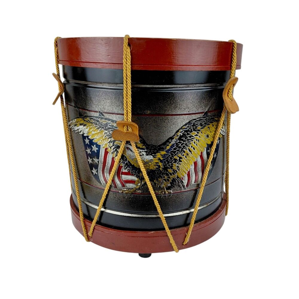 Vtg Old Drum Shop USA Eagle Drum Trash Can Waste Basket 10” Patriotic MCM Office